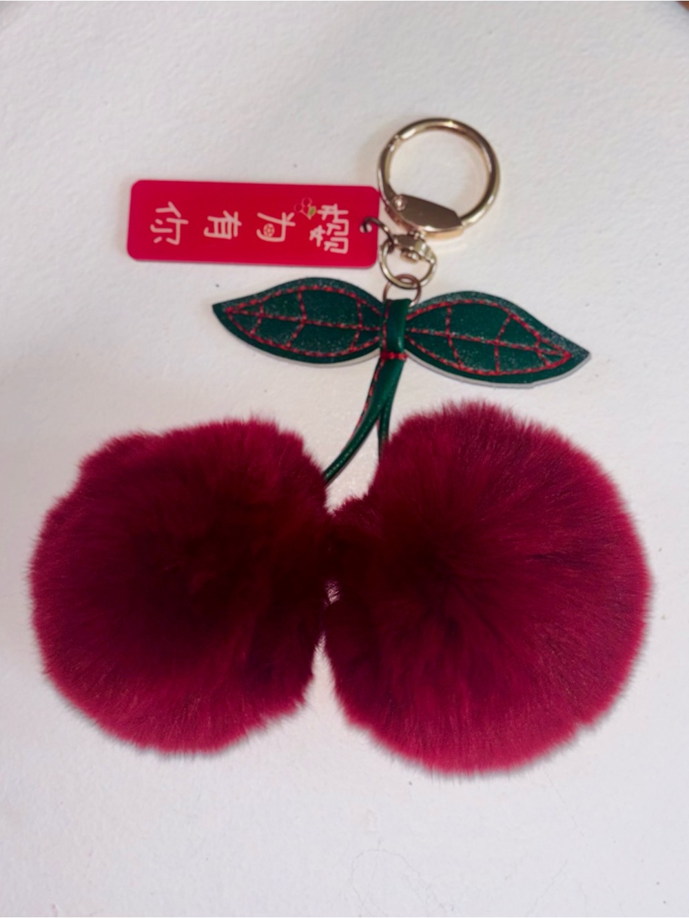 Fuzzy Cherry Bag Charm Keychain Japanese Tag Kawaii Y2K Harajuku - Picture 4 of 5
